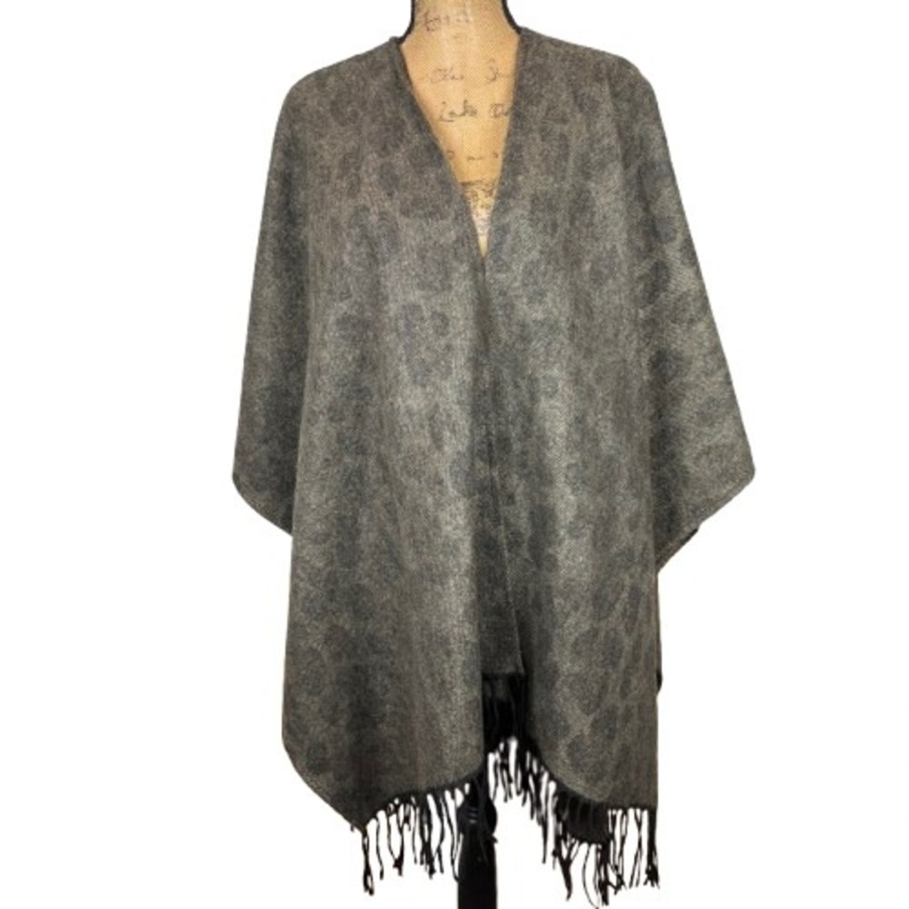 Woolrich Leopard Print Poncho Wrap Brown Black Fringe Fall Layering One Size